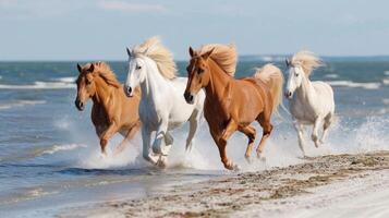 AI generated A group of powerful horses gallops gracefully by the water, horses concept photo