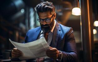 AI generated Indian businessman reading papers attentively in the office, corporate paper reports image photo