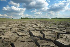 AI generated Dry field with cracked dirt portraying the harsh effects of drought on the barren land, water scarcity picture photo