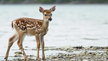 AI generated A young fawn standing by the water edge at the lake, baby animals picture photo