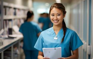 AI generated Nurse in scrubs hands document to doctor in a medical setting, health insurance forms image photo