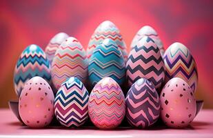AI generated Colorful easter eggs beautifully painted resting on a vibrant pink background, easter symbols image photo