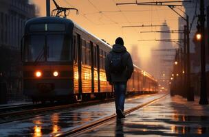 ai generado persona caminando a lo largo un ciudad calle con un tren paso en el fondo, público transporte ciudad imagen foto