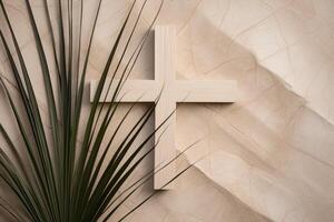 AI generated Cross with palm leaves on beige background symbolizing faith and renewal, palm crosses image photo