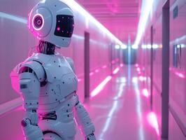 AI generated Human robot standing in hospital corridor photo