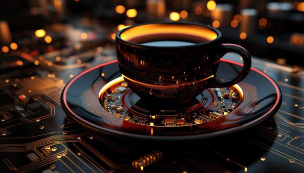 ai generado café taza metido en un circuito junta, café imagen foto