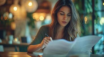 AI generated Engaged woman balances laptop talk paper read and pen in hand managing tasks seamlessly, responsibility concept photo