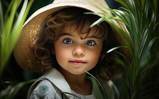 ai generado un niño alegre expresión capturado en medio de verde y blanco palma hojas, niños en palma domingo concepto foto