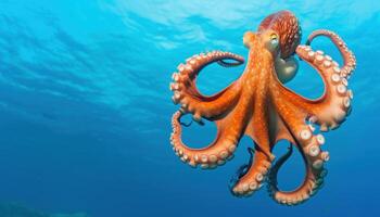 AI generated Octopus gracefully dives in the deep blue ocean exploring its vibrant underwater world, underwater marine life image photo