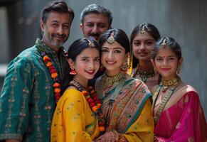 ai generado indio familia posando juntos con un hermosa metal ornamento capturar un momento de cultural orgullo y unión, gudi Padwa familia celebracion imagen foto