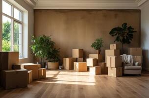 AI generated Moving boxes on wooden floor, moving day picture photo