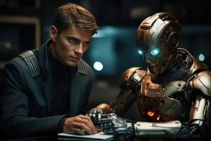 AI generated Man working in office with robot in the background, robotic technology photo
