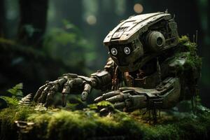 AI generated Robotic hands rest on moss showcasing a futuristic blend of technology and nature, robotic technology photo