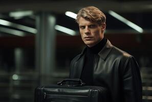 AI generated A person effortlessly holding a black case with one arm, city commute photo