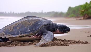 ai generado majestuoso tortuga laúd Tortuga graciosamente volviendo a el mar después anidamiento en grande riviere playa, submarino marina vida imagen foto