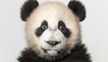 AI generated Innocent panda cub looks directly at the camera, baby animals concept photo