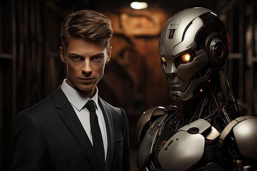 AI generated Young businessman and robot in suits reaching the end together, robotic technology photo