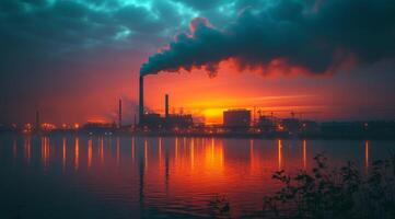 ai generado fábrica emitiendo fumar en contra un puesta de sol fondo creando un atmosférico industrial escena, contaminación y industrial impacto imagen foto