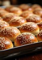 AI generated Display of sesame buns on a creative tinkercore style rack, palm sunday meals photo