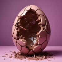 AI generated Chocolate easter egg cracked open on pink background, easter chocolates image photo