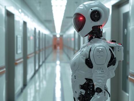 AI generated Human robot stands in hospital corridor blending technology with healthcare environment photo