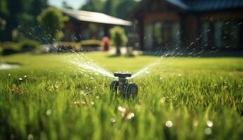 ai generado disfrutar el visión de un agua aspersor bailando mediante vibrante verde césped, agua conservación imagen foto