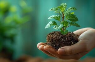 AI generated Child hand holds seedling grown from soil nurturing nature, children planting trees picture photo