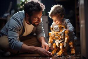 AI generated Father and child play with transforming robot exploring its features and enjoying quality time together, robotic technology photo