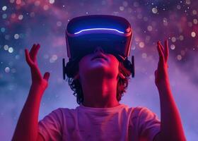 AI generated Young boy experiencing virtual reality with his hands in VR goggles while exploring the wonders of space photo