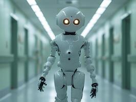 AI generated Robot with yellow robotic eyes walks down hospital corridor photo