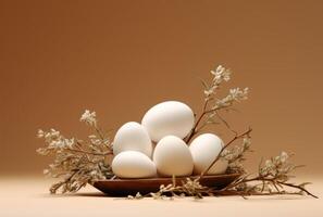 AI generated A serene composition with eggs and a plant on a honey colored background, easter celebrations concept photo