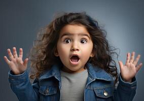 AI generated Young girl in denim overall with hand resting on it, forgiveness image photo