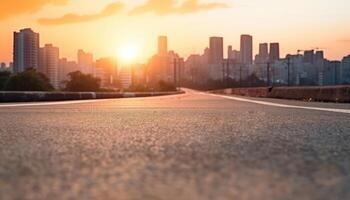 AI generated Sun sets over concrete street with asphalt road, public transport city picture photo