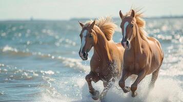 AI generated Majestic horses run alongside the water in a breathtaking display of freedom and grace, horses image photo