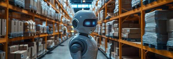 AI generated Robots diligently work in a bustling warehouse photo