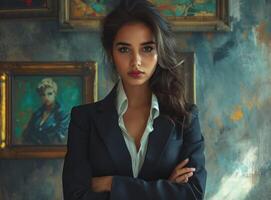 AI generated Elegant woman in a suit standing confidently at the offic, responsibility image photo