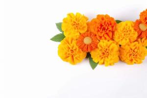 AI generated Marigold flowers in vibrant orange and yellow hues isolated on a white background, gudi padwa traditional decoration image photo