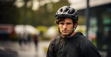 AI generated Helmeted male cyclist ready for a ride on his bicycle, urban transportation image photo