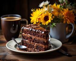 AI generated Slice of chocolate cake next to a coffee mug, coffee mug image hd photo
