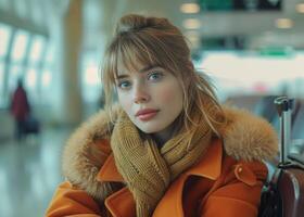 AI generated Attractive young woman sitting at airport, urban transportation image photo