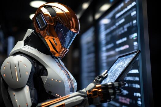 AI generated Android holds stock chart symbolizing futuristic finance analysis and market trends in a digital world, robotic technology photo