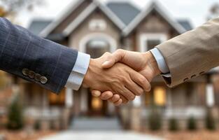 AI generated A pair of professionals shake hands while presenting a house sealing a successful real estate transaction, accountability concept photo