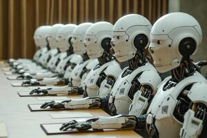 ai generado robots conductible un reunión en un moderno conferencia habitación, colaborando en Tareas y haciendo decisiones juntos foto