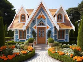 AI generated Quaint cottage situated beside a lush green hedge garden, cottage downsizing picture photo