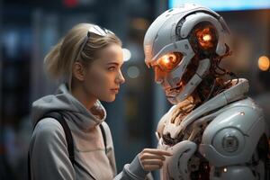 AI generated Woman conversing with a robot engaging in a futuristic conversation, robotic technology photo