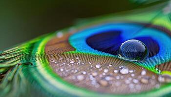 AI generated Sparkling water droplet delicately rests on vibrant peacock feather, baby animals picture photo