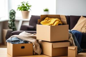 AI generated Clothes neatly stored in boxes inside a home, packing and decluttering image photo