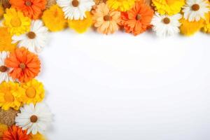 ai generado amarillo y naranja flores crear un hermosa modelo en un parte superior ver plano laico ofrecimiento Copiar espacio en un blanco fondo, gudi Padwa tradicional decoración imagen foto