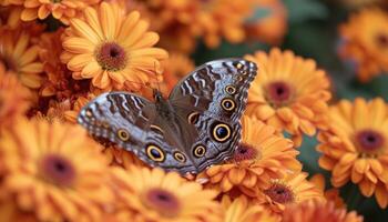 ai generado hermosa inachis io mariposa con manchas oculares descansando en vibrante naranja mamás en un jardín, insectos y mariposas imagen foto