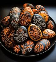 AI generated Sweet easter cookies made with egg whites and decorated with vibrant icing, easter cookies photo